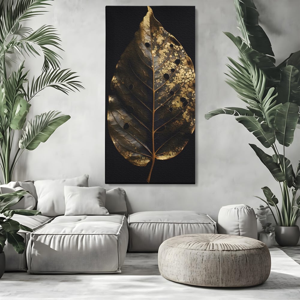 Tablou canvas cu tablou canvas cu frunza aurie pe fundal negru, fara rama, pe sasiu de lemn, pe perete intr-un living